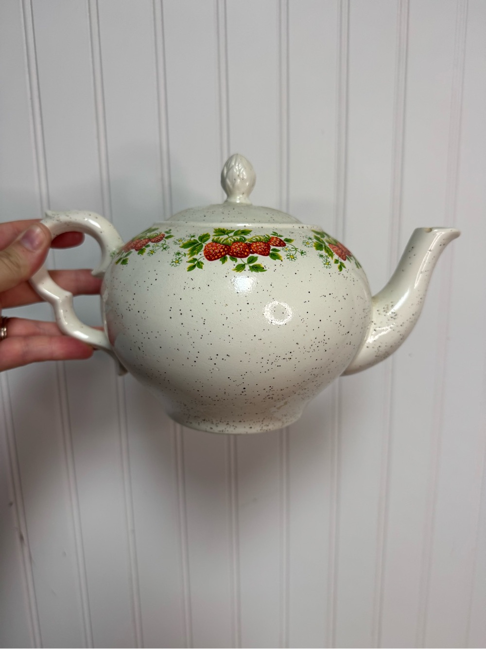 Cream Speckled Ceramic Teapot with Red Strawberry Motif